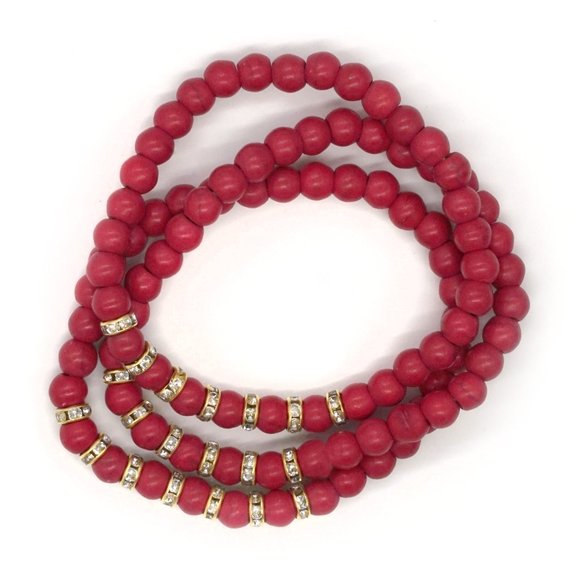 Bracelet with 3 strands red beads and rhinestones, OS - Picture 3 of 3